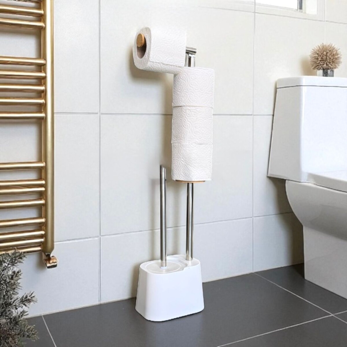 Porta Rollo y Cepillo de Baño 2 en 1 | Blanco 