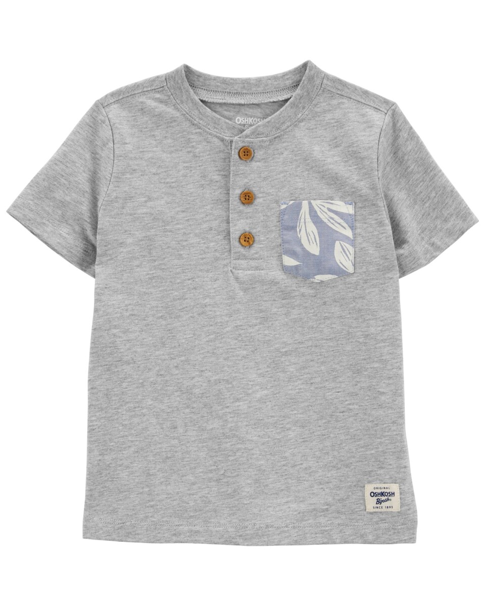 Remera henley de algodón, manga corta, con bolsillo 
