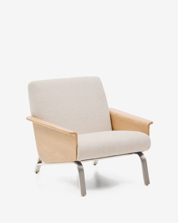 Butaca Amsen beige de contrachapado de roble y patas de acero inoxidable cepillado Butaca Amsen beige de contrachapado de roble y patas de acero inoxidable cepillado