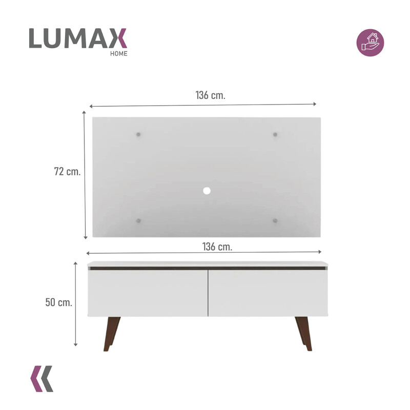 Rack TV mueble Lumax + panel rústico con estantes 55” Blanco/Blanco
