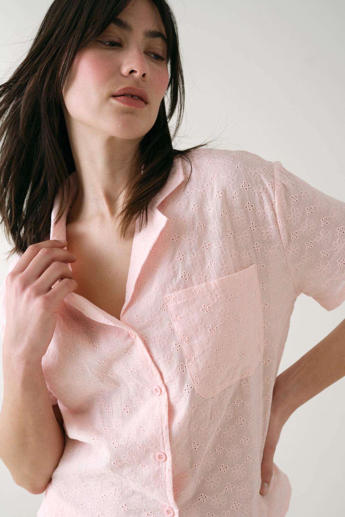 Camisa Manga Corta Broderie Rosado