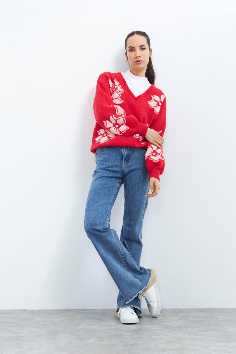 Sweater escote V c/ jacquard floral rojo