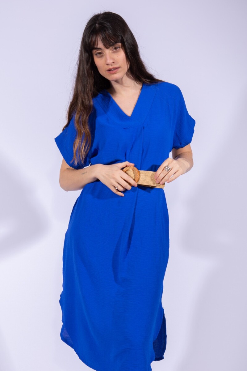 Vestido Escote v con cinto Azul