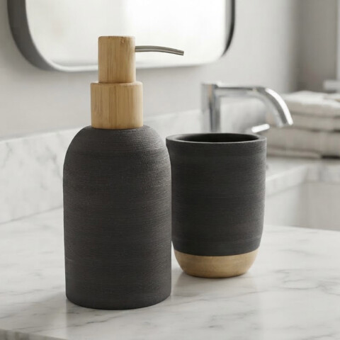 Set Baño Dispensador de Jabón y Porta Cepillo de Resina y Madera NEGRO