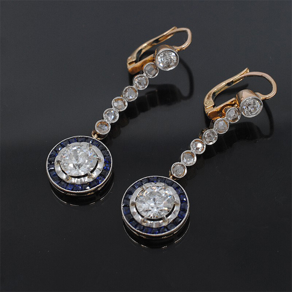 Caravanas Antiguas Ojo De Perdiz Oro 18K, Brillantes, Diamantes Y Zafiros Sinteticos Caravanas Antiguas Ojo De Perdiz Oro 18K, Brillantes, Diamantes Y Zafiros Sinteticos
