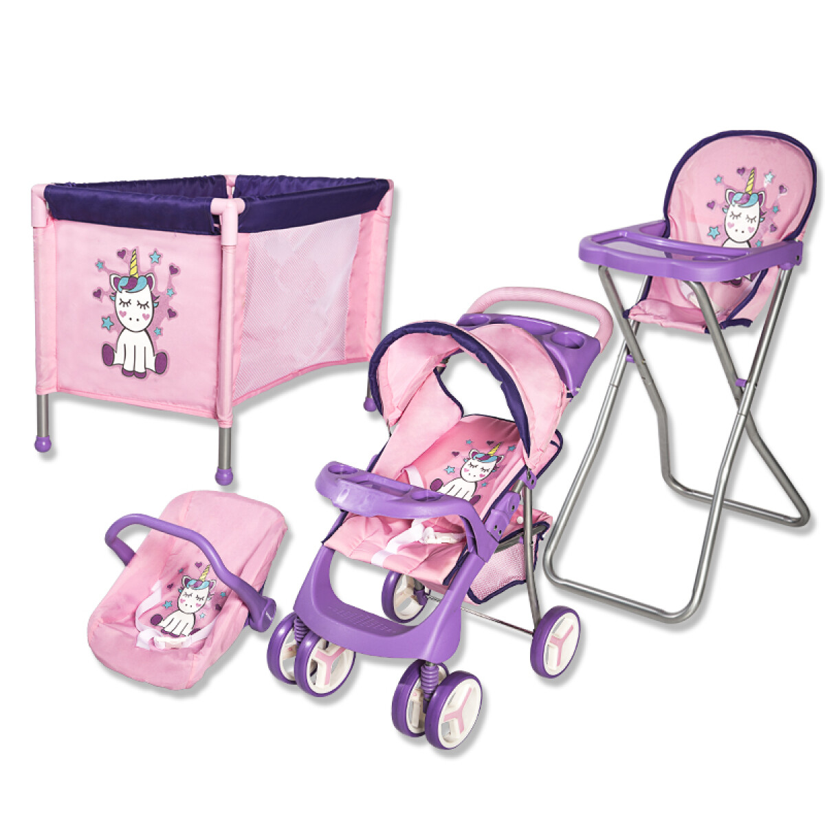 COCHE DE MUÑECAS BEBESIT 4 PIEZAS EN 1 ROSA Y GRIS - ROSA-LILA 