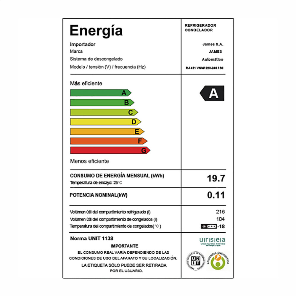 REFRIGERADOR JAMES COMBINADO 320-L NEGRO RJ 431 VNM