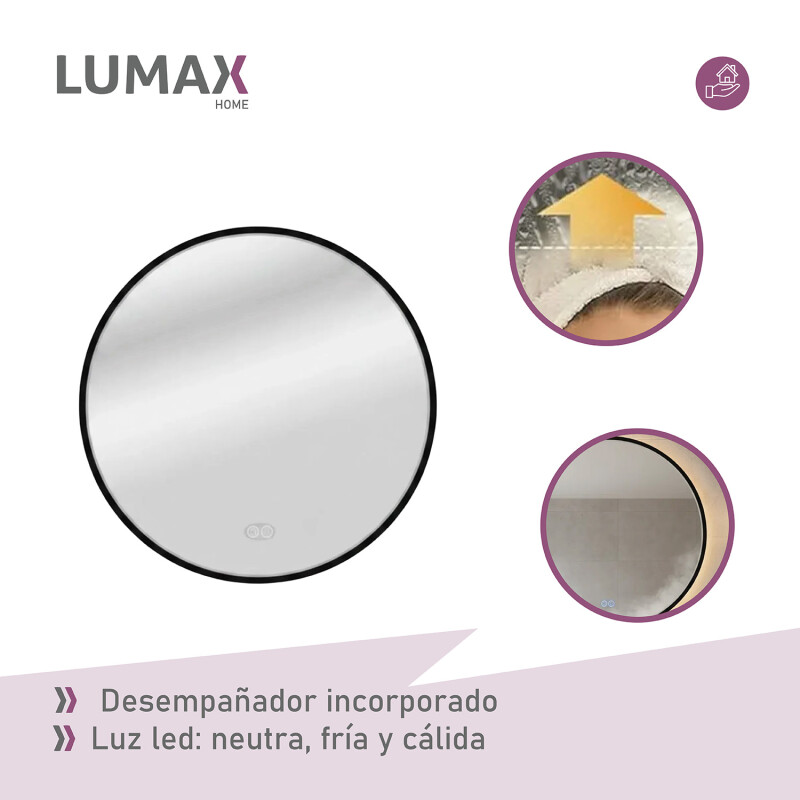 Espejo Lumax Doddy marco redondo con desempañador y luz 60cm Negro
