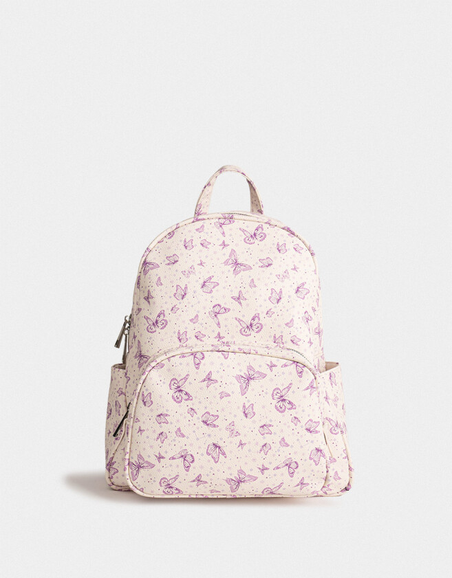 Mochilas Urbanas Estampados Mochila Cuerina Mariposas - Blanco Crudo