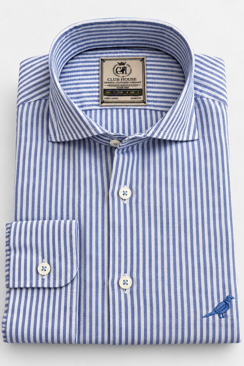 Camisa Lino Hudson Collar Rayas Azul Náutico