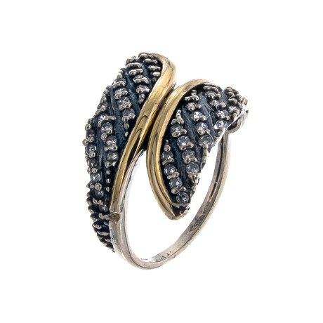 Anillo de plata 925, double en oro 18 ktes y circonias, HOJAS. Anillo de plata 925, double en oro 18 ktes y circonias, HOJAS.