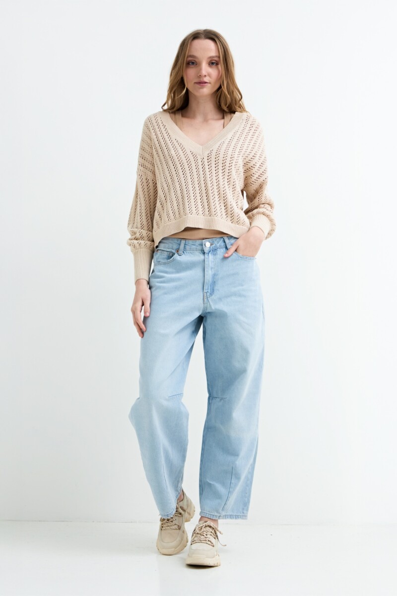 Sweater escote V calado BEIGE