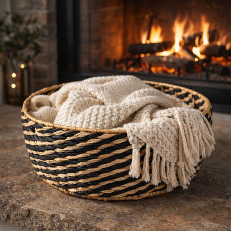 Canasta Decorativa Redonda De Fibra Natural - Grande Canasta Decorativa Redonda De Fibra Natural - Grande