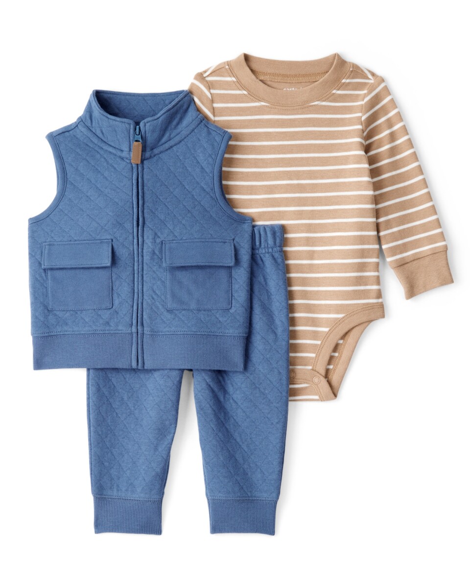 Set tres piezas de algodón, chaleco y pantalón capitoneados más body 