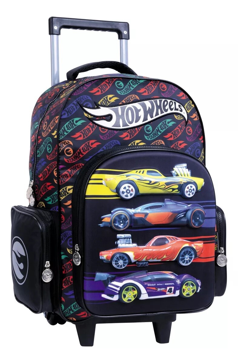 Mochila escolar Kinderland Hot Wheels 75119 color negro diseño estampado 18L 
