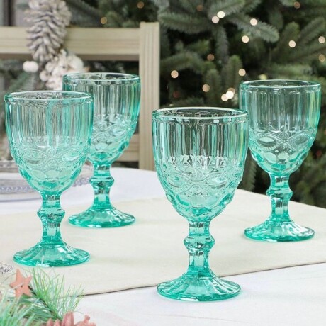 Juego De 6 Copas Vidrio Labrado Turquesa 300ML Juego De 6 Copas Vidrio Labrado Turquesa 300ML