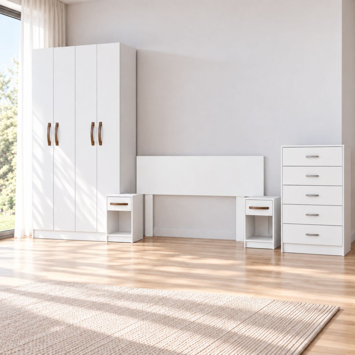 COMBO DORMITORIO - ROPERO 4 PUERTAS + CÓMODA + RESPALDO + 2 MESAS DE LUZ 