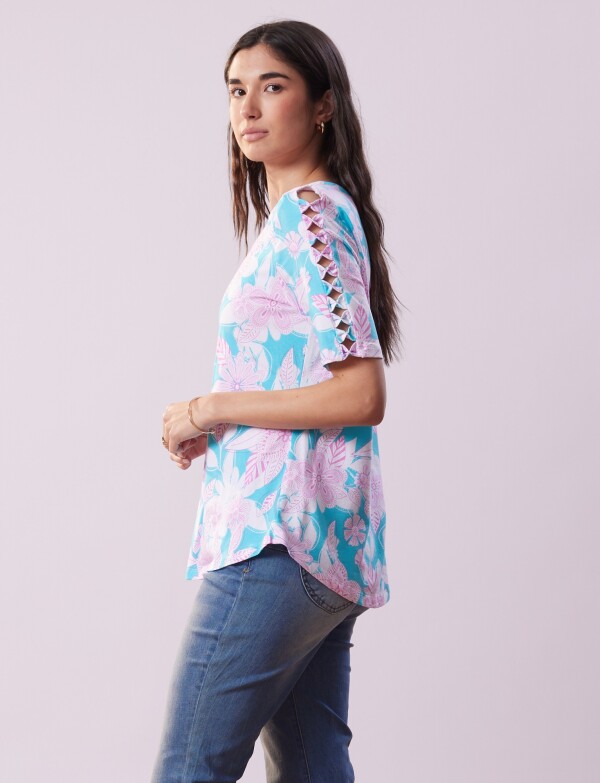 Remera Algodon Flores CELESTE/MULTI