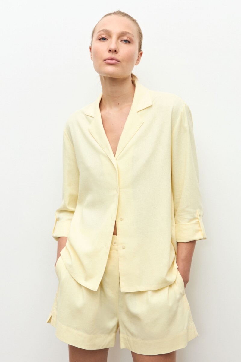 Camisa lino cuello solapa amarillo claro