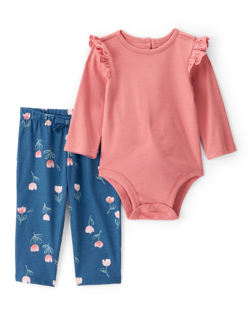 Set dos piezas de algodón, pantalón y body, diseño floral 