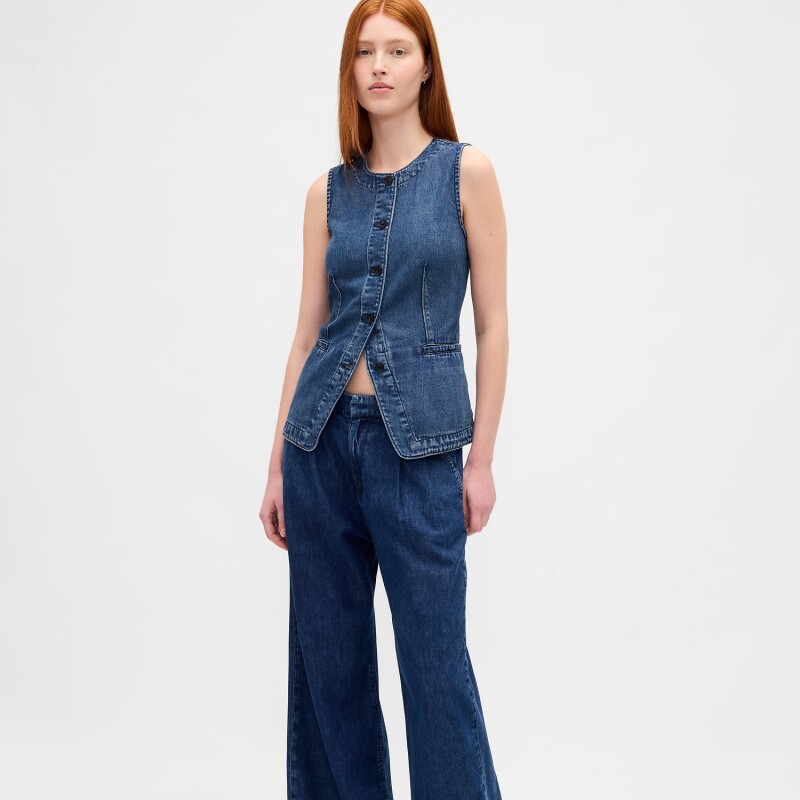 SL HIGH NECK TAILORED VEST - DK MERWIN DARK WASH