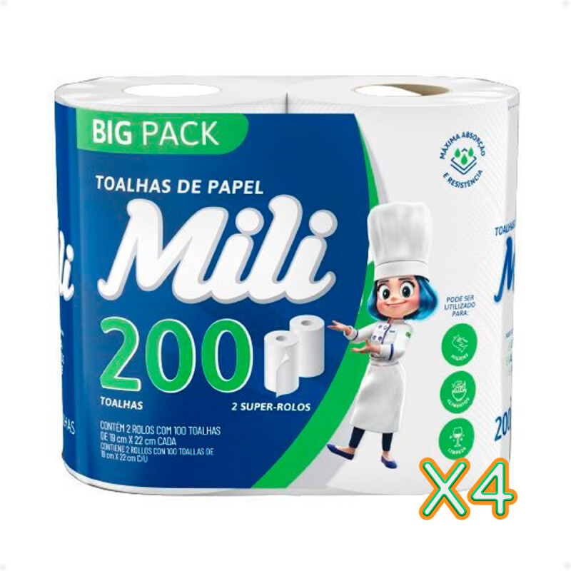 Papel Toalla Cocina Premium Mili 2 Rollos 100 Hojas x4