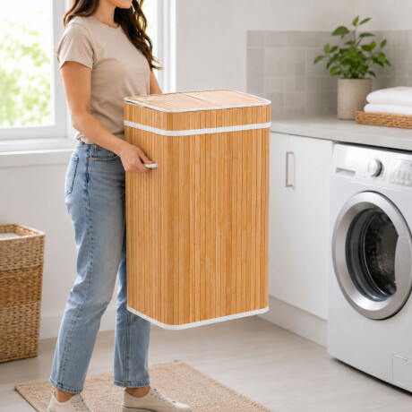 Canasto Cesto Ropa Plegable Bambú Con Tapa Practica Blanco