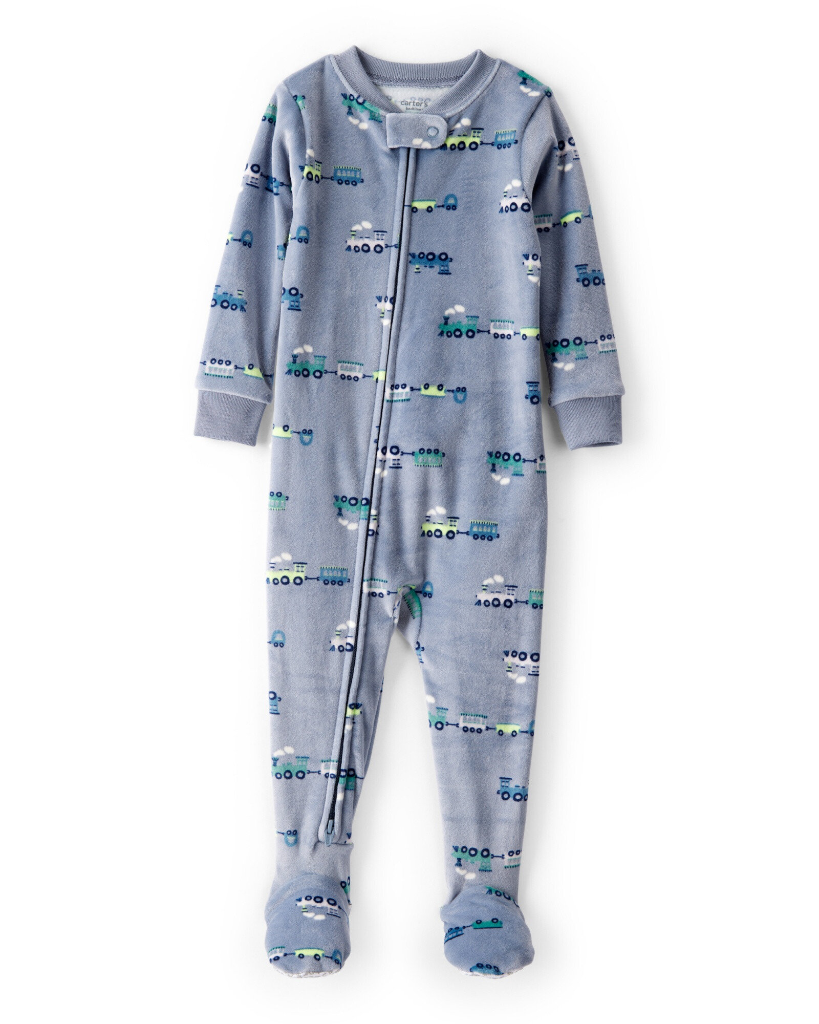 Pijama una pieza de DreamPlush, con pie, azul, diseño trenes. Talles 12-24M Sin color