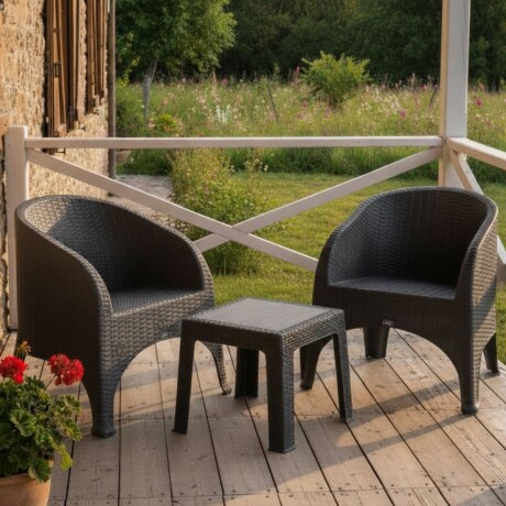 Set x2 sillones símil ratán + Mesa cuadrada MARRON