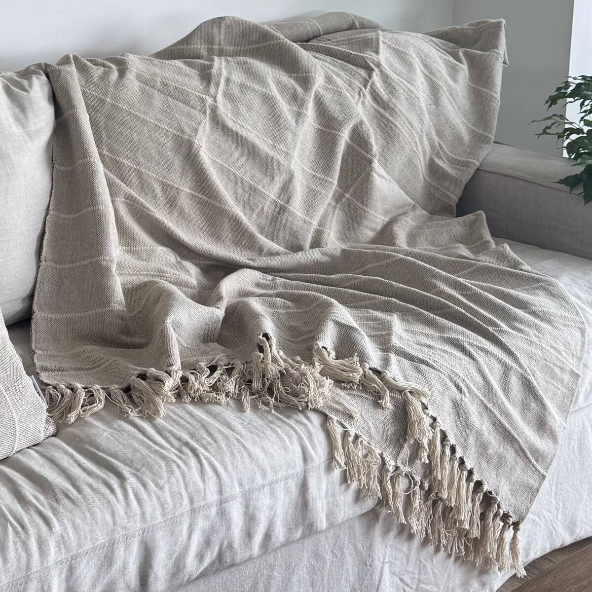 Manta para sillón y cama algodón Rayas Greige - 130cm 