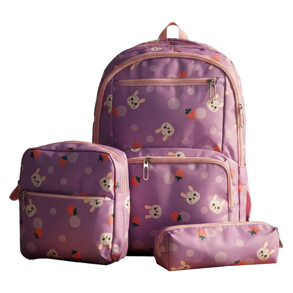 Set Mochila 3 Piezas Diseño Frutillitas Escolar Resistente - Lila 