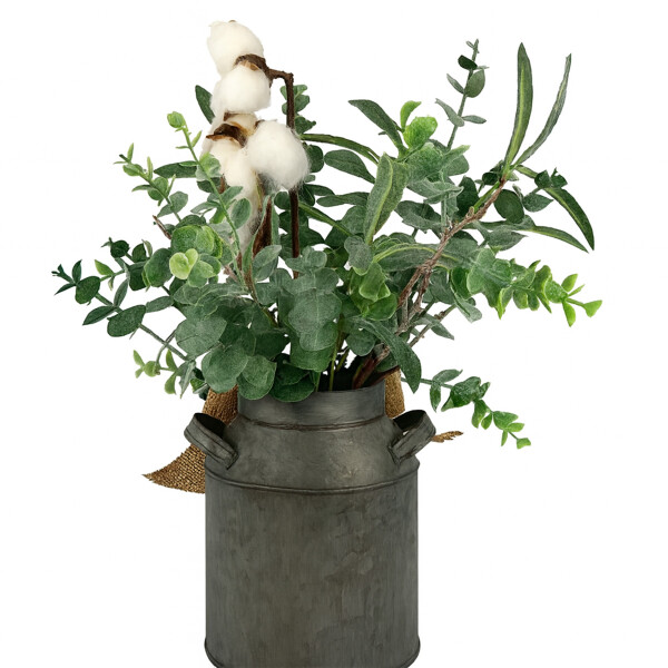 Planta Algodón Decoración Artificial Maceta Balde Metal Color Verde