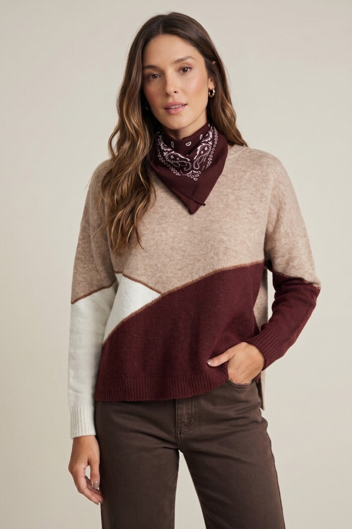 Sweater Intarsia Color Block Burdeos