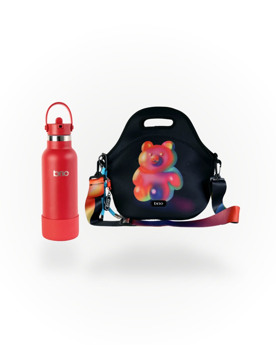 Set de lunchera Big de neopreno con correa ajustable y botella de acero inoxidable 500ml brio - set teddy/rojo 