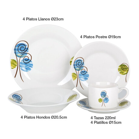 Juego Vajilla Porcelana 20 Piezas Platos Llanos Hondos Tazas Círculos