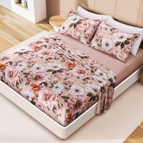 JUEGO DE SÁBANAS ROSAS PREWASHED DIGITAL PRINT QUEEN