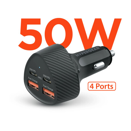 Hypergear - Cargador de Auto 50W. Speed Boost. X2 USB C. X2 USB A. Carga Rápida. Color Negro. 001