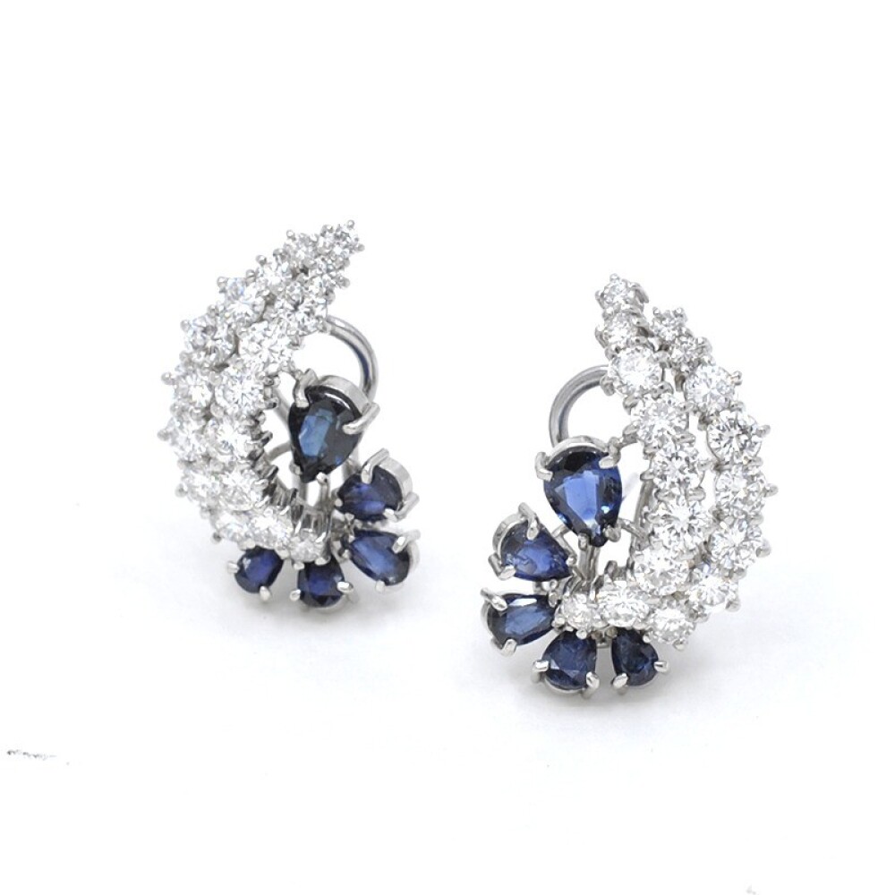 Caravanas En Oro 18K Blanco, Brillantes Y Zafiros Caravanas En Oro 18K Blanco, Brillantes Y Zafiros