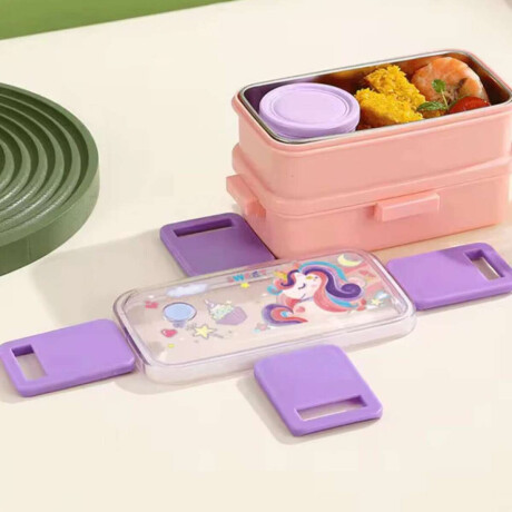 Vianda doble piso con cubiertos, division y tapa Rosado