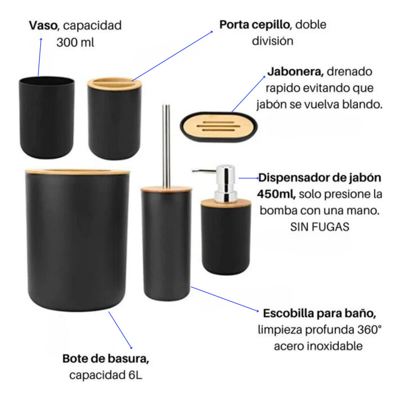 Juego De Accesorios Para Baño 6 Piezas Plástico Símil Madera Negro