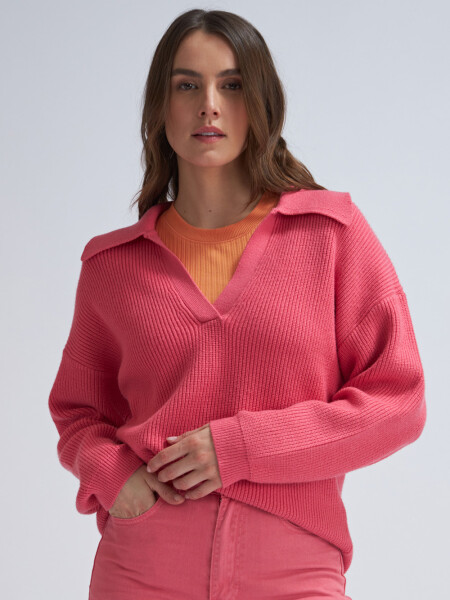Sweater de punto cuello polo Rosado