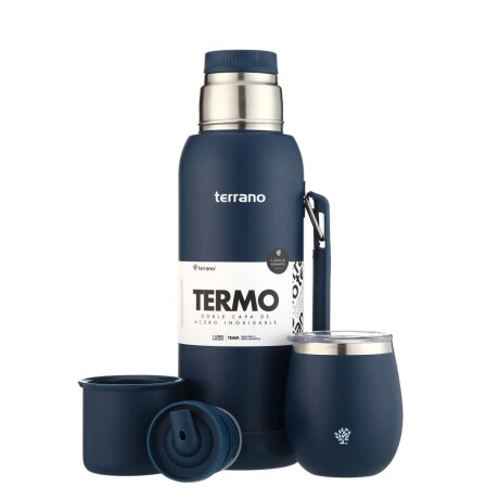 Kit Termo 1Lt Con Base De Silicona + Mate De Acero Con Tapa Azul Opaco
