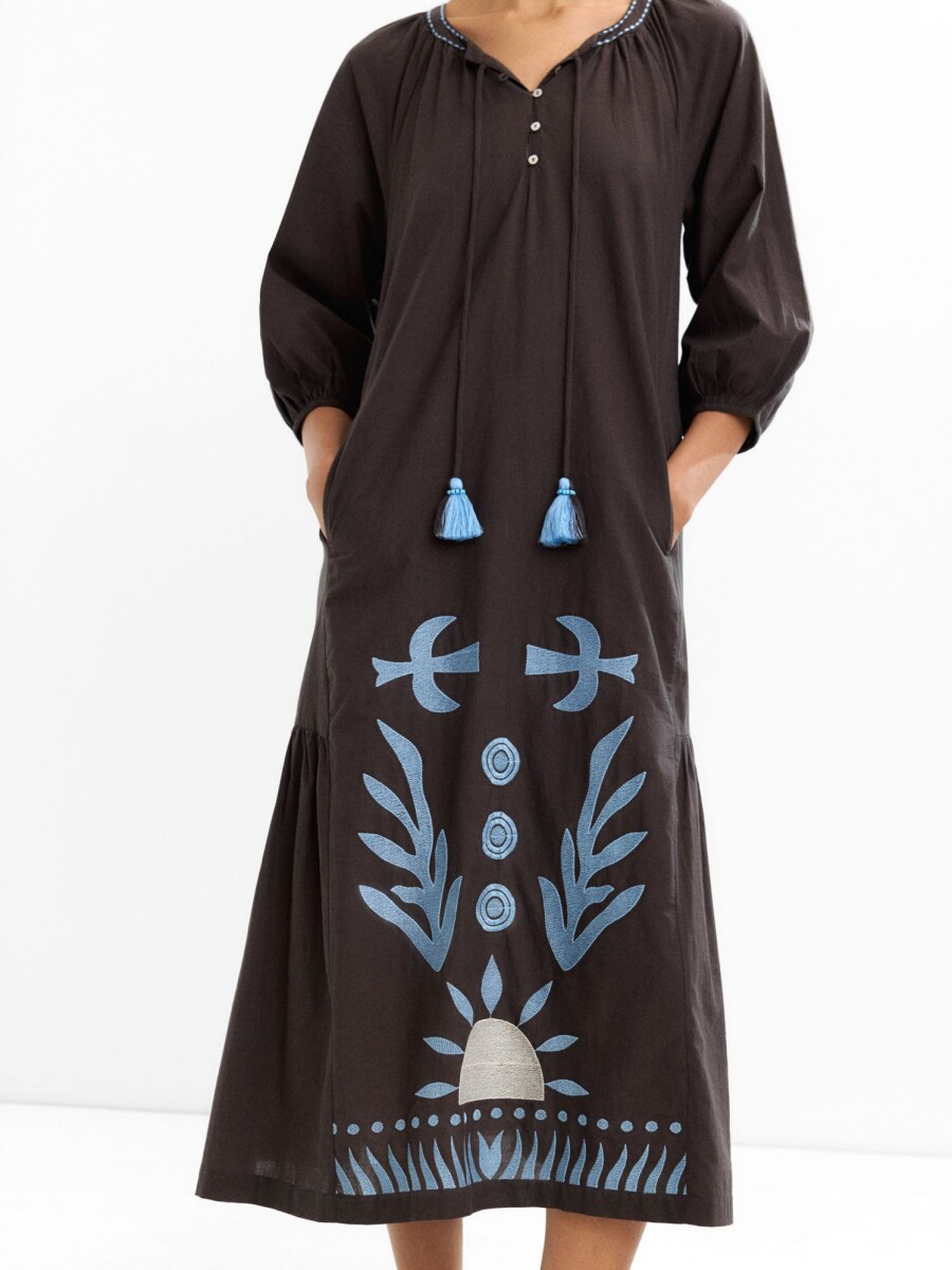 Vestido Midi Bordado 100% Algodón marron