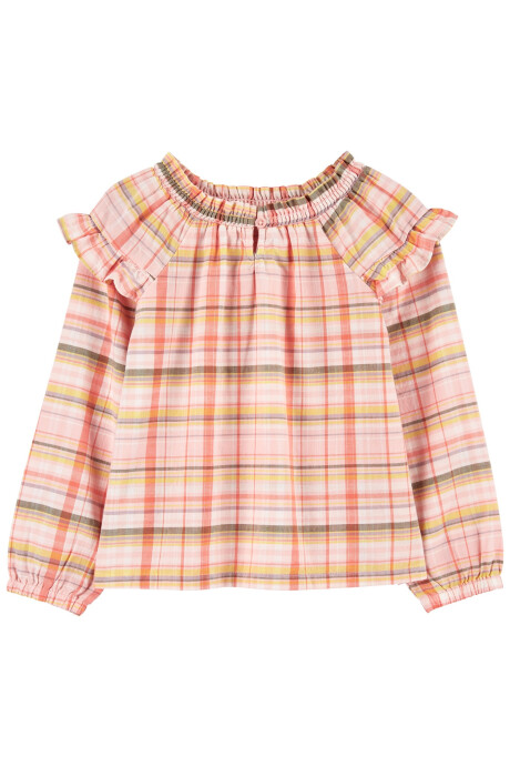 Blusa de algodón, manga larga, diseño a cuadros. Talles 12-24M Sin color