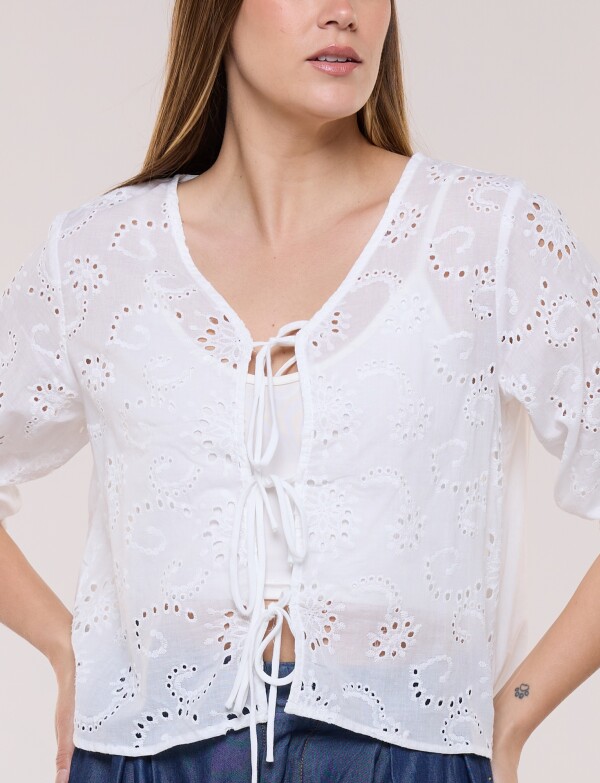 Cardigan Corto De Broderie Con Lazos Frontales CRUDO