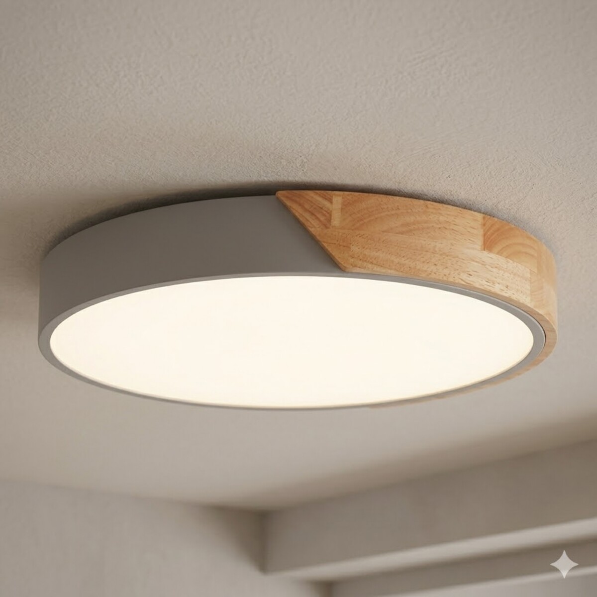 Plafón led circular de madera y aluminio gris mate - Luz Cálida 