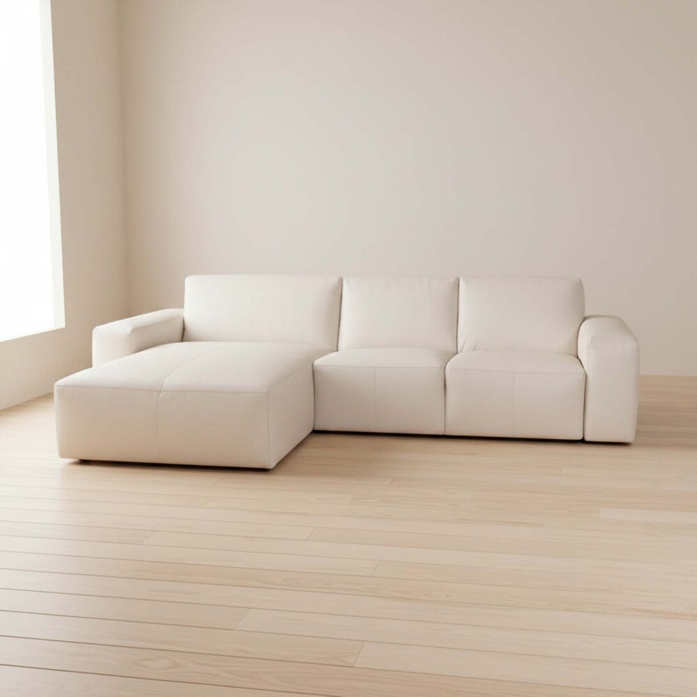 SOFA CON CHAISE MÁS DE 4 CUERPOS CUERO-Y-MADERA NATURAL-BEIGE LOFT ARENA