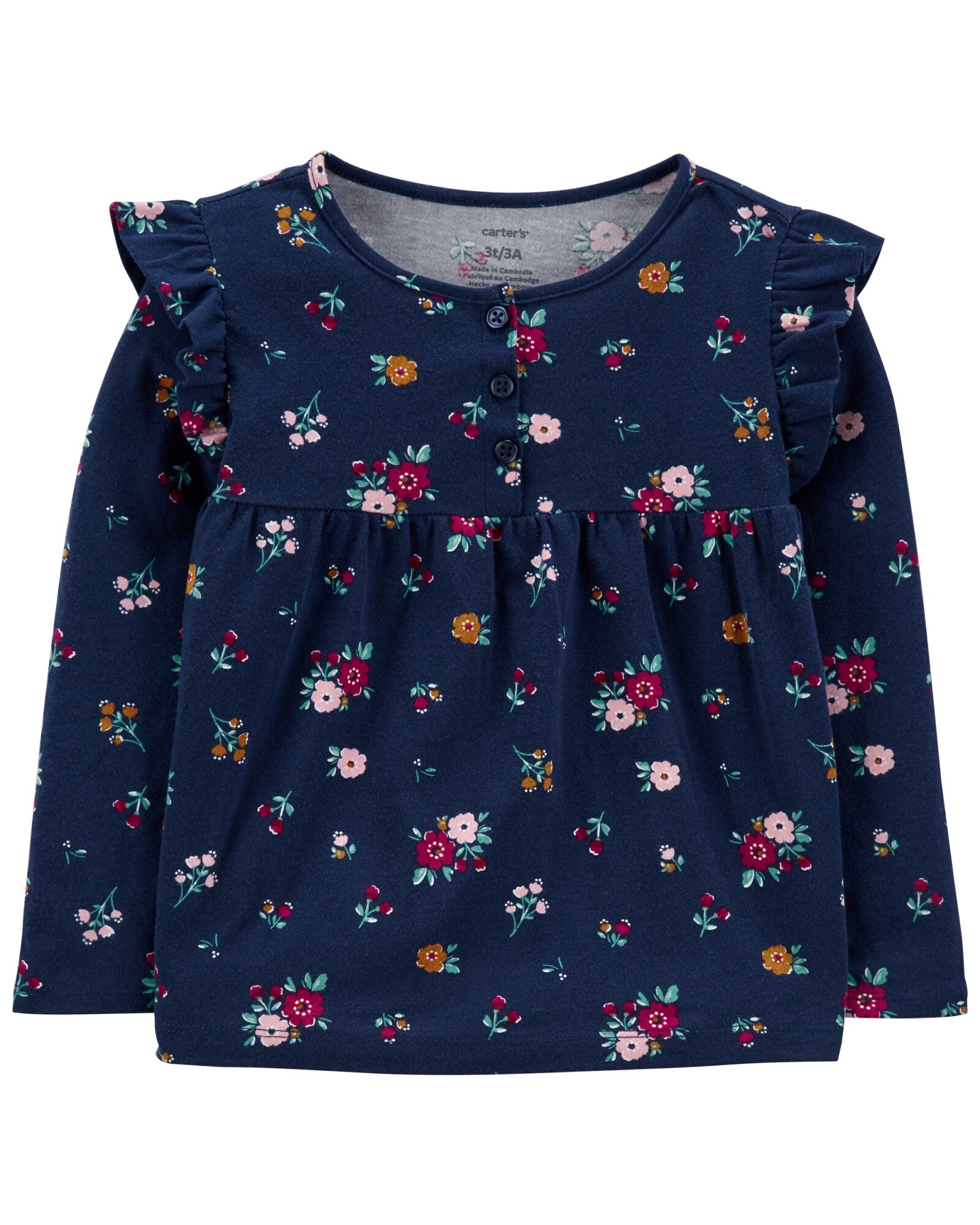 Blusa de algodón manga larga con volados, botones y diseño flores Sin color