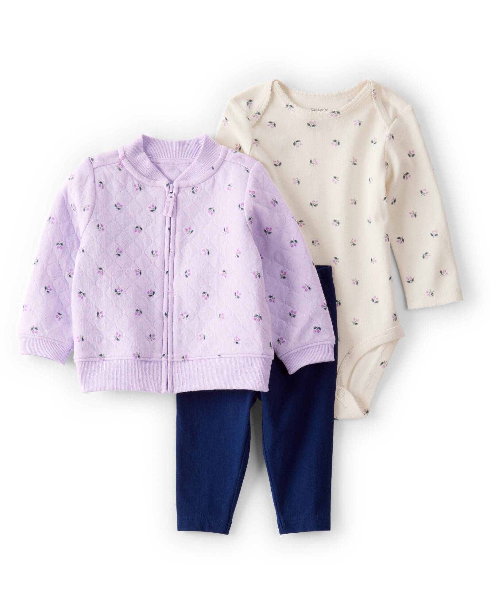 Set tres piezas de algodón, campera capitoneada, pantalón y body, diseño floral Sin color