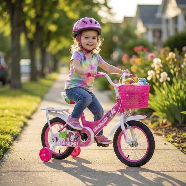 Bicicleta infantil Shengdi Rod 12 Canasto Parrilla Rueditas Color Rosa Oscuro